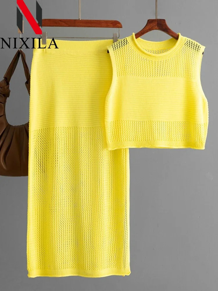 Spring Summer Hollow Out Beach Skirts Outfits for Women Knit Tank Tops with Slit Sexy Long Sets 2 Piece 250709