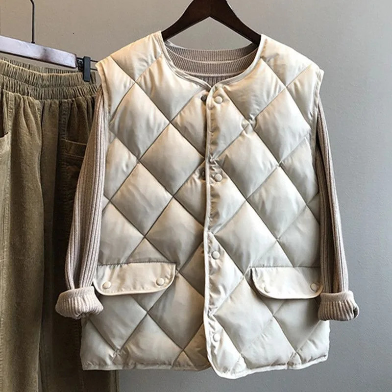 Women Autumn Winter Quilted Cotton Vest Sleeveless O-neck Loose Padded Waistvest Single Breasted Casual Ultralight Portable Vest 250709