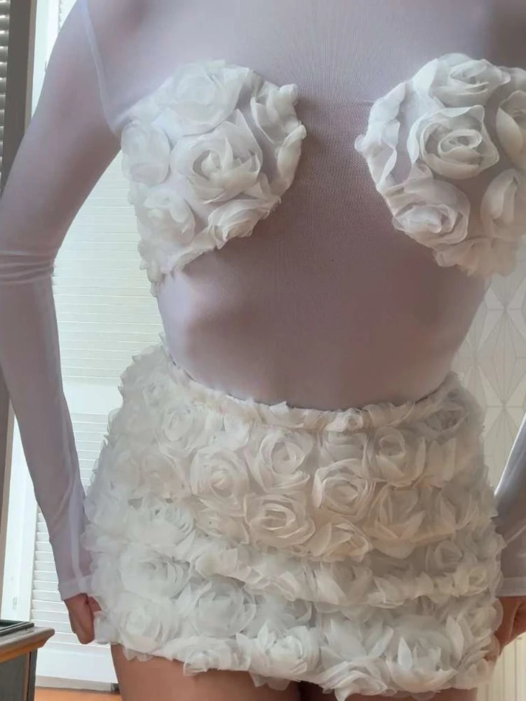 2 Piece Matching Women Appliques Set Mesh Sheer Patchwork Full Sleeve BodysuitsMini Skirts Female French Festival Suits 250709