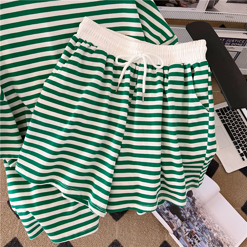 Women's Two-Piece Striped Casual Sportswear - Casual Student Wear for Her: Easy Fit Cotton Stripe Jumpsuit Style Outfit Featuring Comfortable Loo