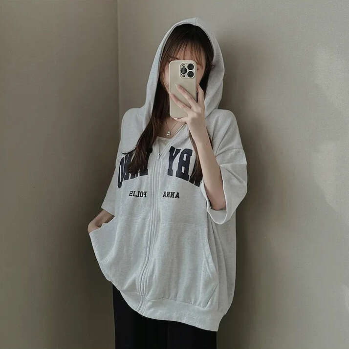 Short Sleeve Cardigan Niche Design Top Gray Sweatshirt Women Spring Summer Korean Style Loose Hoodie Zipper B5