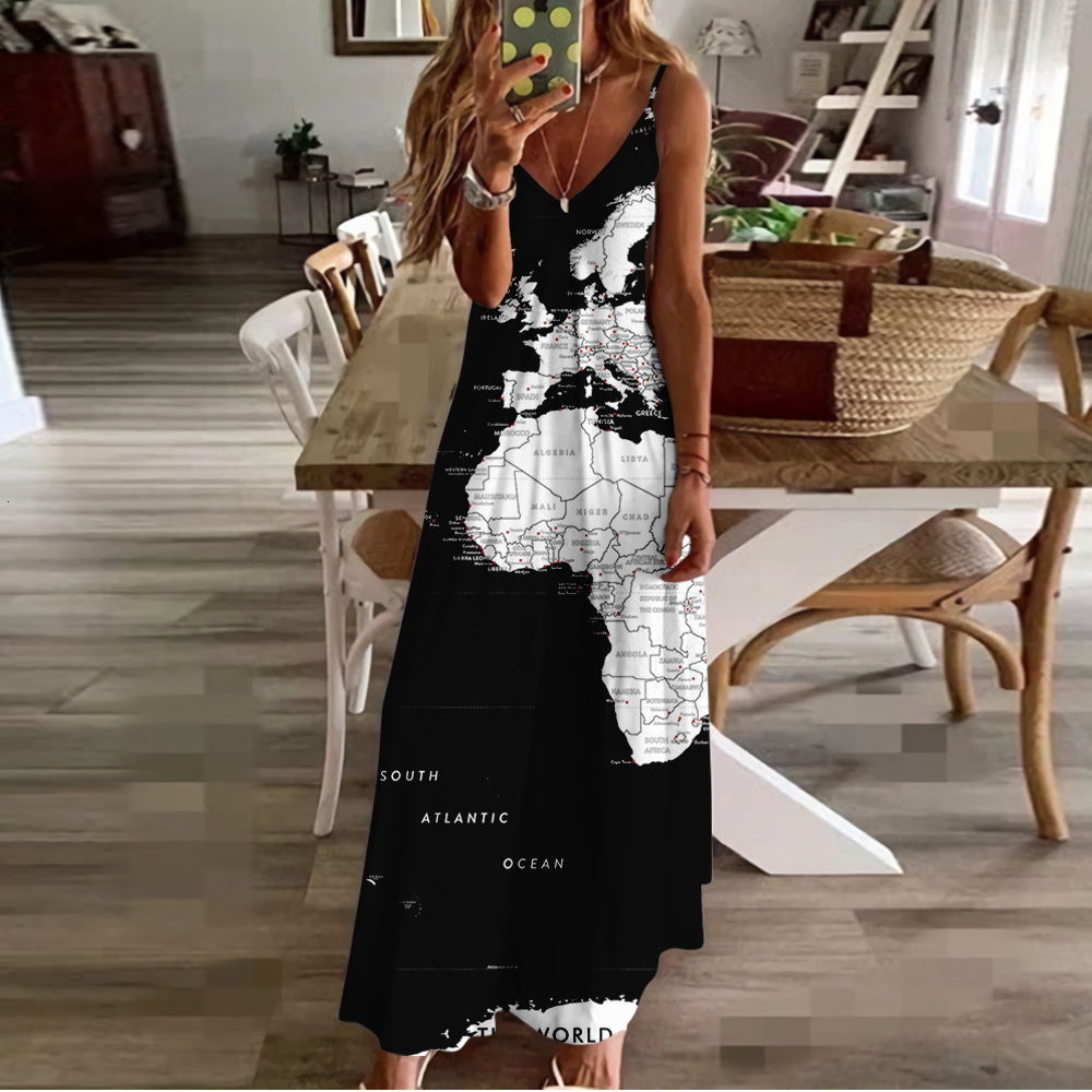 New Summer Map High Waist Slimming Dress Personality Series Strap Bodycon Dress 250121