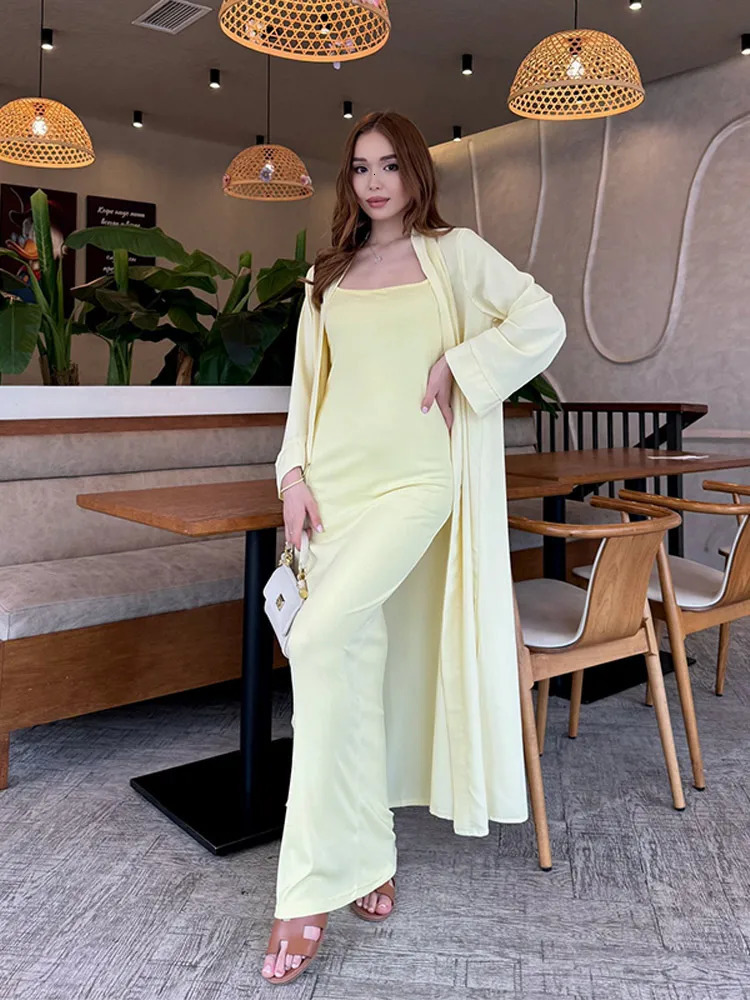 Fashion Bodycon Slip Length Womens Solid Hip Package Dresses Set Loose Minimalist Female Cardigan Sets Holiday Suit 250709