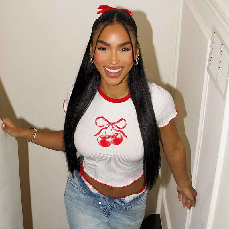 Women's Spring Summer Hot Girl Style Round Neck Cherry Print Color-Block Crop Top B5