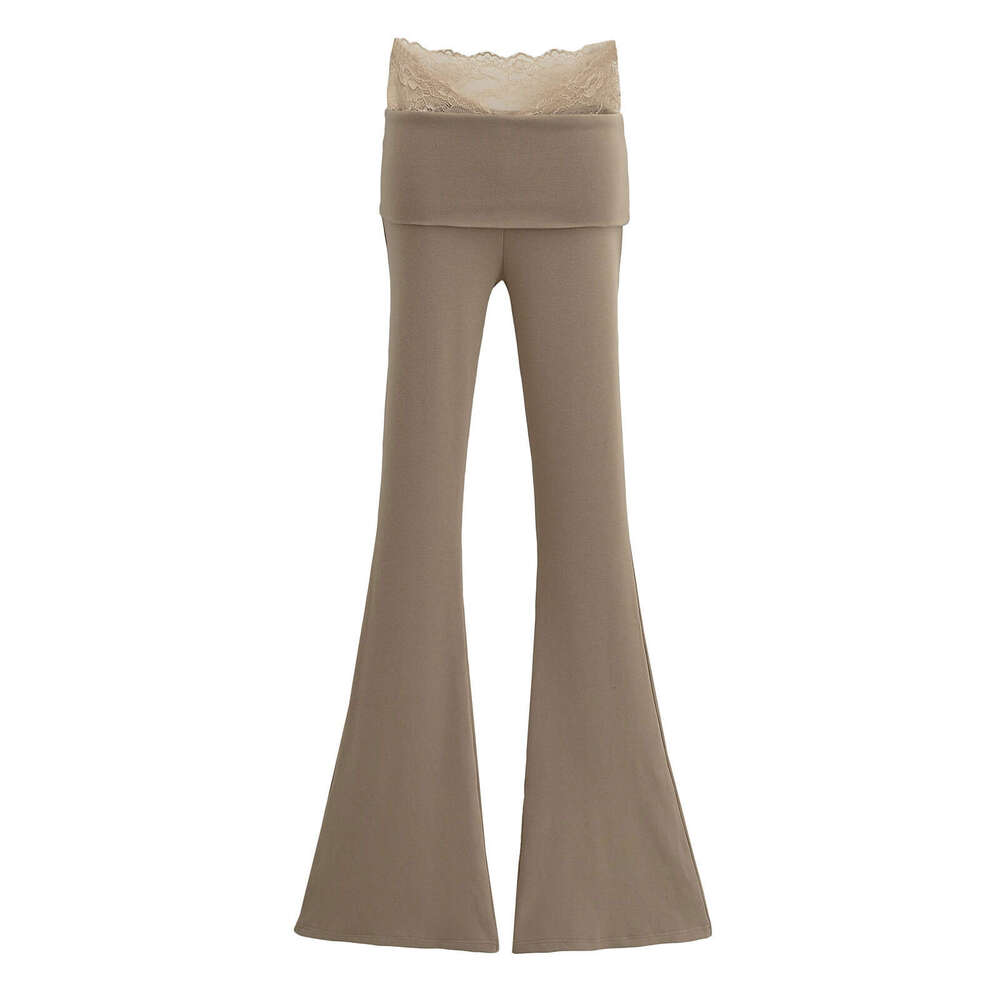 V-Waist Lace Patchwork Slim Fit Bodycon Draped Flared For Women Summer Stretchy Tight High Waist Slimming Casual Long Pants B5