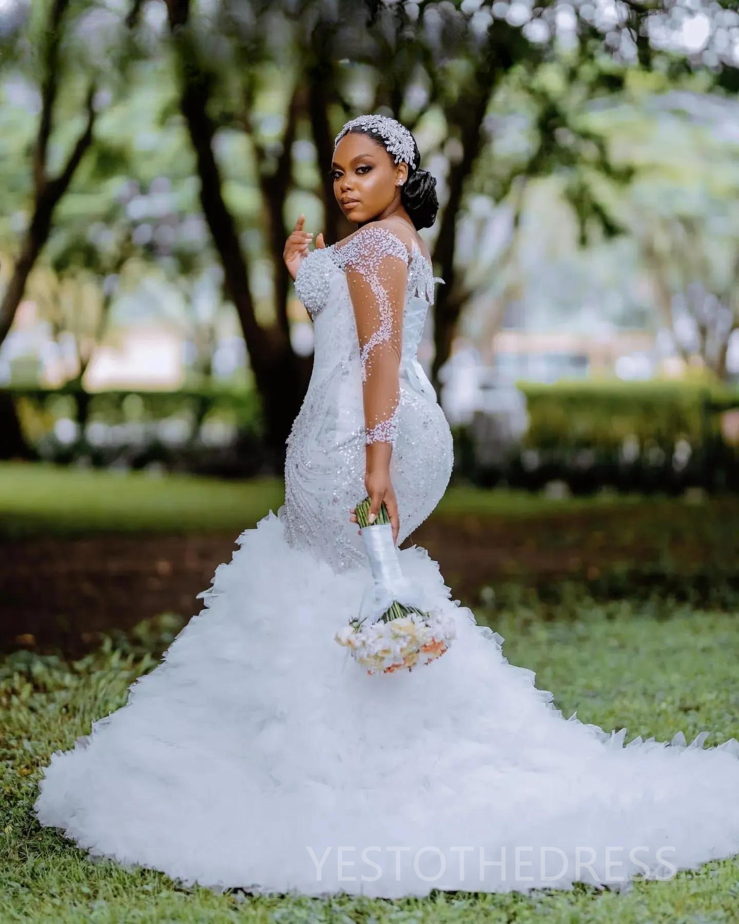 2025 Plus Size Mermaid Wedding Dress Bridal Gowns for Bride Illusion Sheer Neck Illusion Long Sleeves Beaded Lace Pearls Ruffles Wedding Gowns for Mar