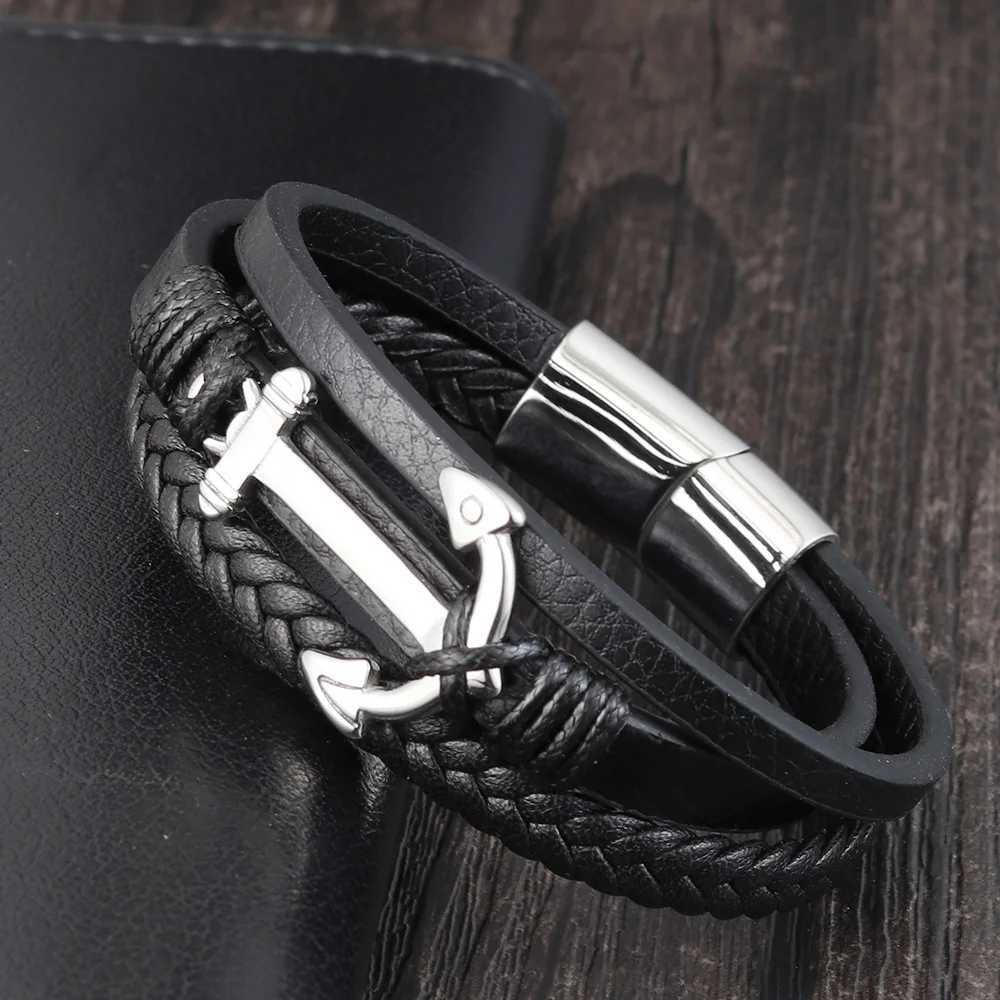 Punk Stainless Steel Anchor Bracelets Genuine Leather Bracelet Bangles for Men Black Color Fashion Jewelry Gift W250709