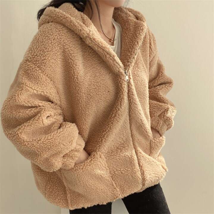New Korean Version Mid-Length Thickened Hooded Coat Faux Shearling Fleece Zipper Jacket For Women Winter Warm B5