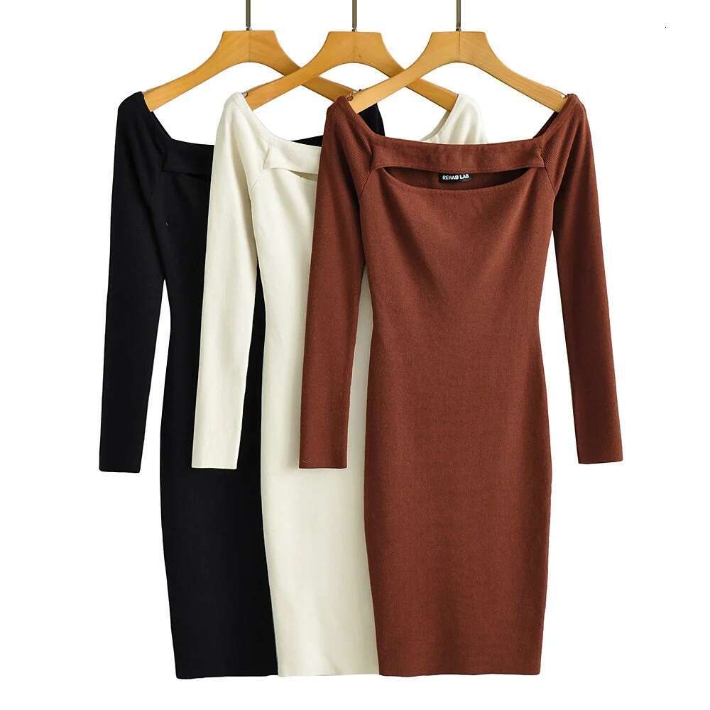 Ins Sexy Off-Shoulder One-Shoulder Hollow-Out Knitted For Women Autumn Tight-Fitting Bodycon Short Dress B5