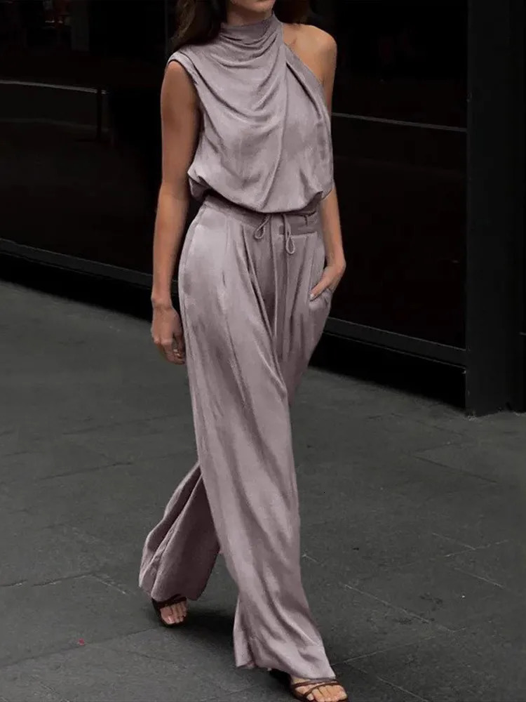 Solid Smooth Satin Two Piece Sets One Shoulder Sleeveless Shirts Lace Up Wide Leg Pant Female Summer Casual Loose Set 2025 250709
