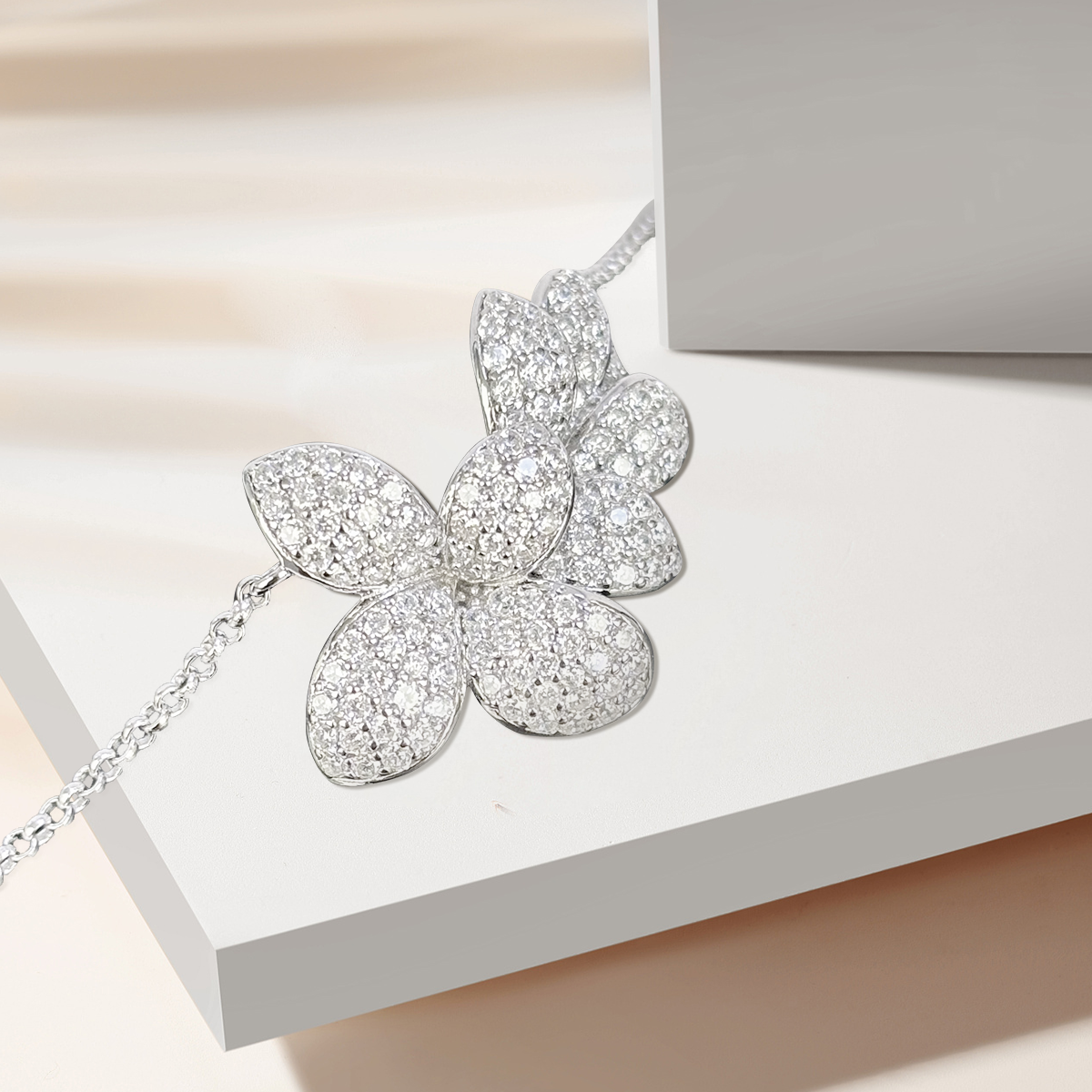 Olive leaf pendant necklace 925 silver with white zirconia, 19 inches long chain, Valentine's Day