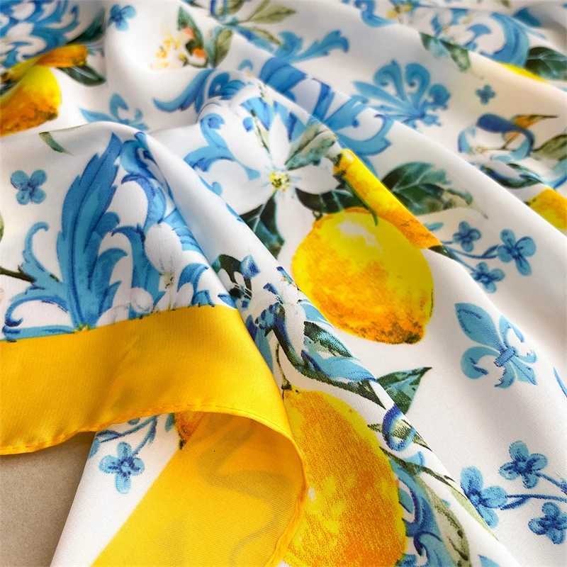 Summer Sunscreen Lemon Print 70cm Square Beach Silk Scarf Casual Elegant Thin Breathable Neck Women Head Wrap Hair Scarves Shawl M250709
