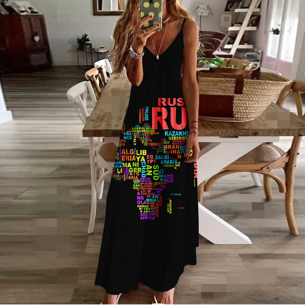 New Summer Map High Waist Slimming Dress Personality Series Strap Bodycon Dress 250121