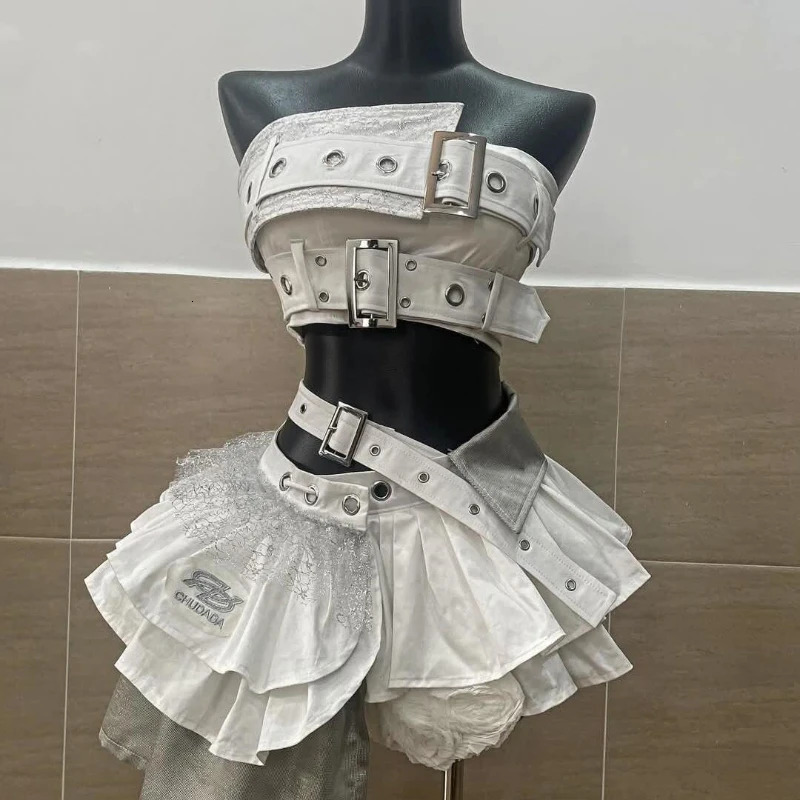 Summer Vintage Elegant Y2K Woman 2 Piece Sets Punk Gothic Strapless Crop Tops High Waist Ruffle Skirt Female Party Outfits 250709