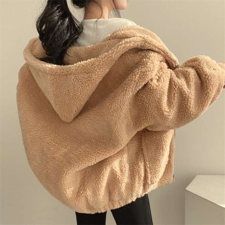 New Korean Version Mid-Length Thickened Hooded Coat Faux Shearling Fleece Zipper Jacket For Women Winter Warm B5