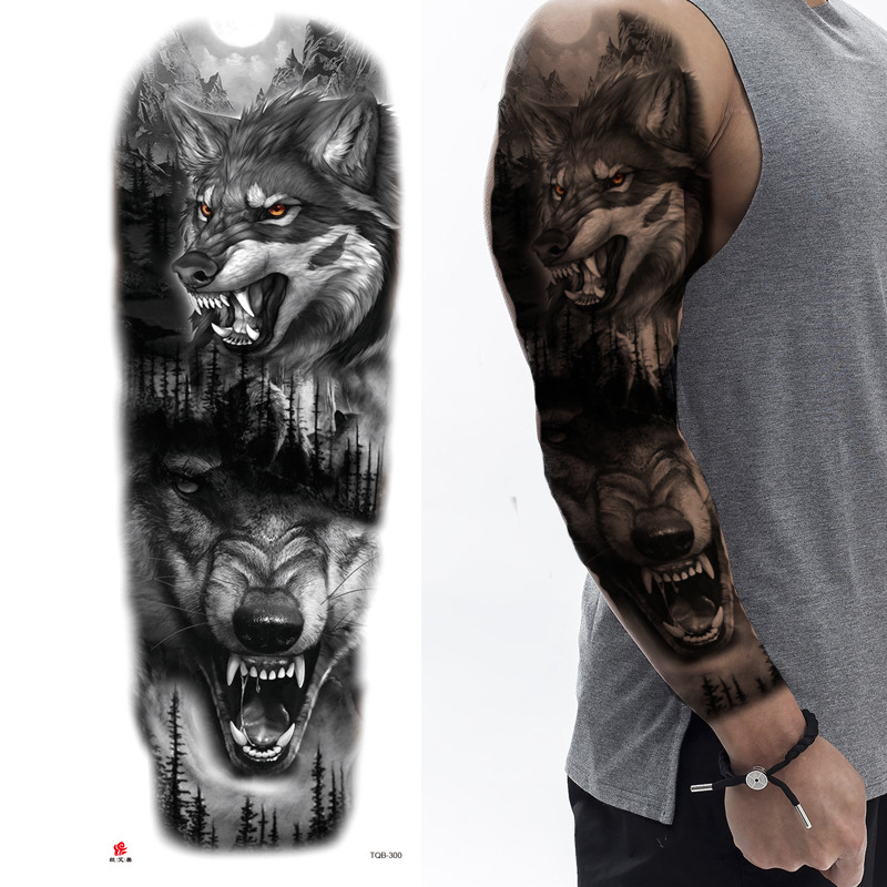 Temporary Tattoos for Man Large Size Arm Sleeve Tattoo Sticker Body Art Fake Tattoo for Women Black Forest Tatoo Wolf