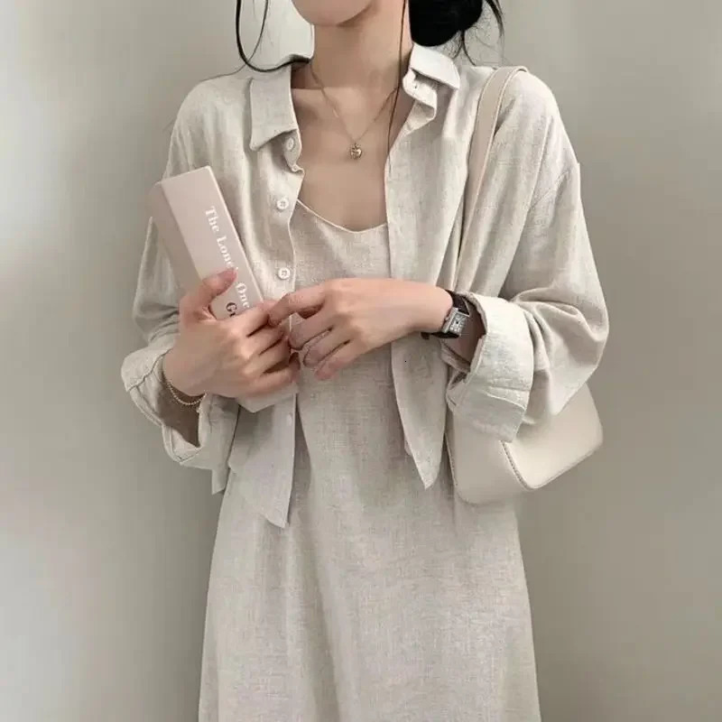 2Piece Set for Women Chic Korean Style SpringAutumn Vintage Elegant AgeReducing Sexy Tank Dress Shirt Jacket 250709