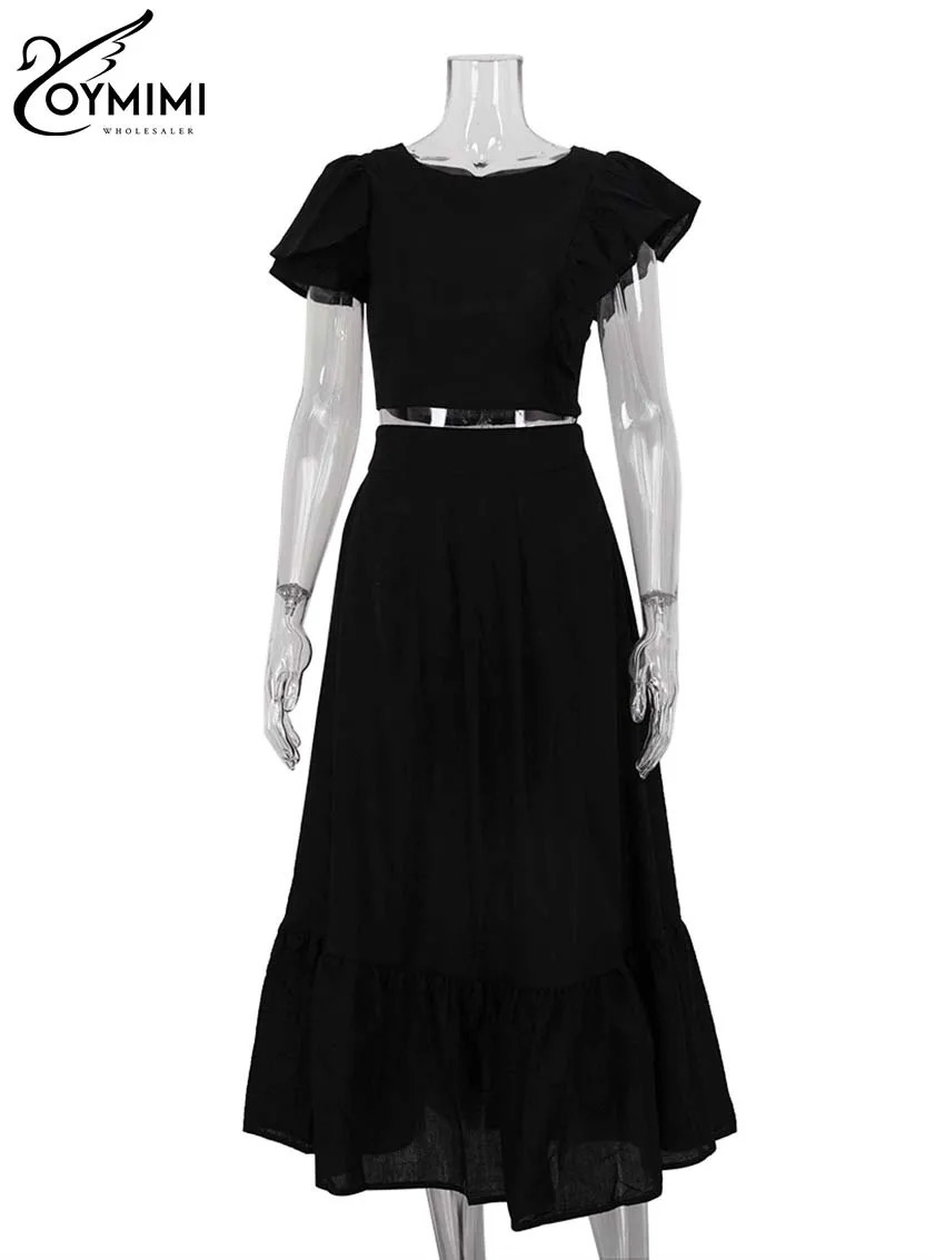 Oymimi Fashion White 2 Piece Sets Women Outfit Elegant ONeck Ruffled Asymmetrical Crop Tops And High Waist Loose Skirts Sets 250709