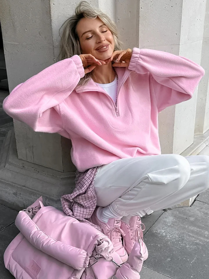 Zipped Pink Sweatshirt Woman Fashion Pullover Oversized Hoodie Y2K Street Style Women Fleece Winter Coats Jackets 250709