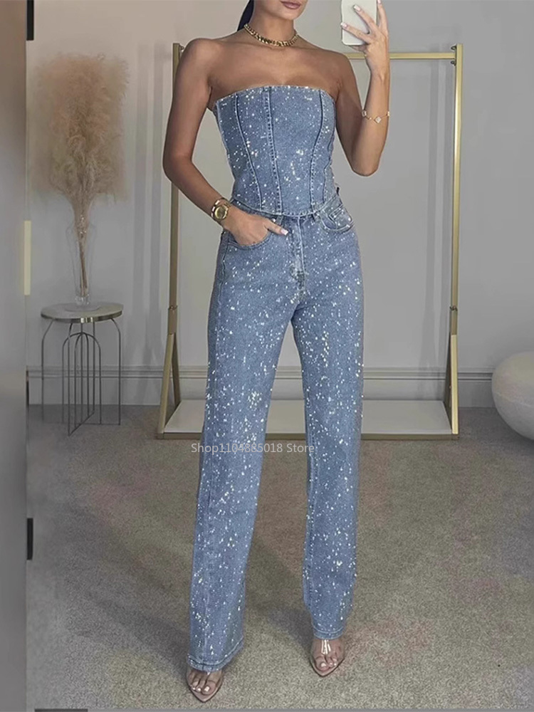 Rhinestone Tube Top Pant Two Pieces Women Strapless Tank Top Wide Leg Zipper Jeans 2025 Spring Lady New Party Club Y2k Outfits