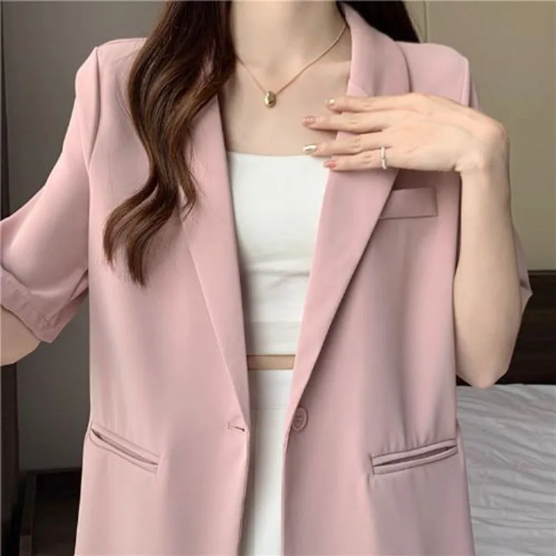 White Shortsleeved Blazer Jacket Women Summer Chic Single Button Notched Collar Outerwear Ladies Korean Loose Office Suit Coat 250709