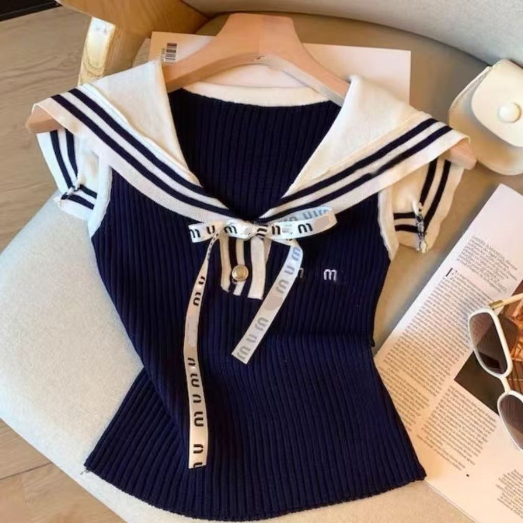 Women new fashion designer sailor collar logo letter embroidery knitted tank tops cute bow patched vest camis SML