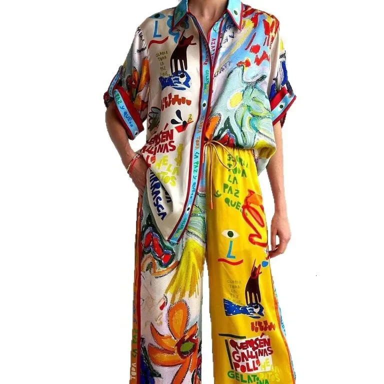 Graffiti Print Short Sleeve Color Block Holiday Casual Knot Set Womens Skirt Suit Fashionable Streetwear CrossBorder 250709