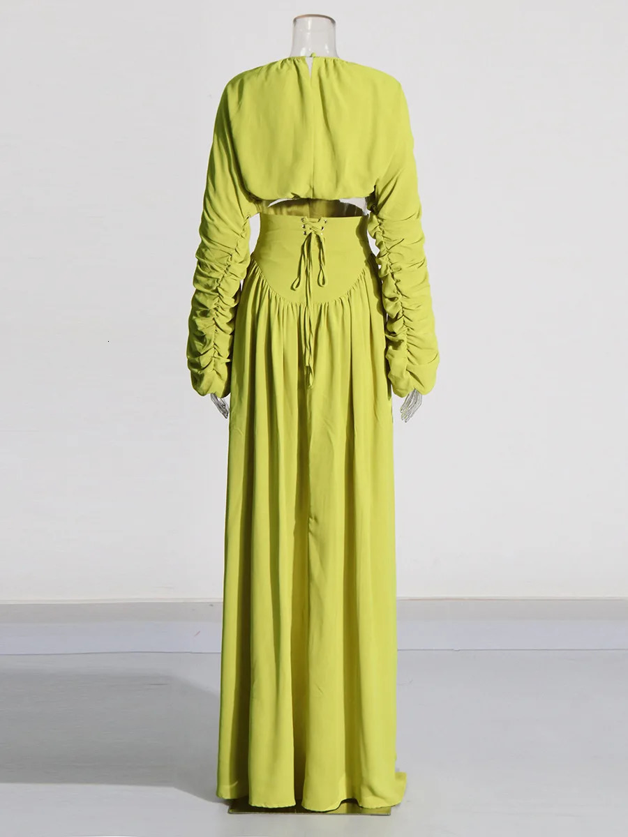 Autumn Fashion Round Neck Pleated Full Sleeve Short Top High Waist Long Skirt Two Piece Sets 250709