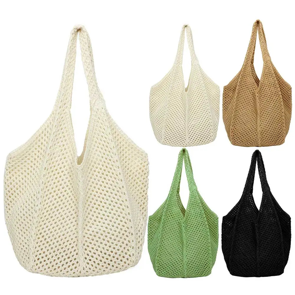 Women Crochet Tote Bag Fashion Knitted Bag Large Capacity Woven Shoulder Bag Solid Color Simple Shopping Bag for Summer Beach 250704