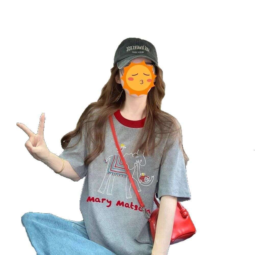 Summer New Korean Style Gray Elephant Short Sleeve T-Shirt For Women, Color-Block, Youthful, Loose Fit, Trendy Top B5