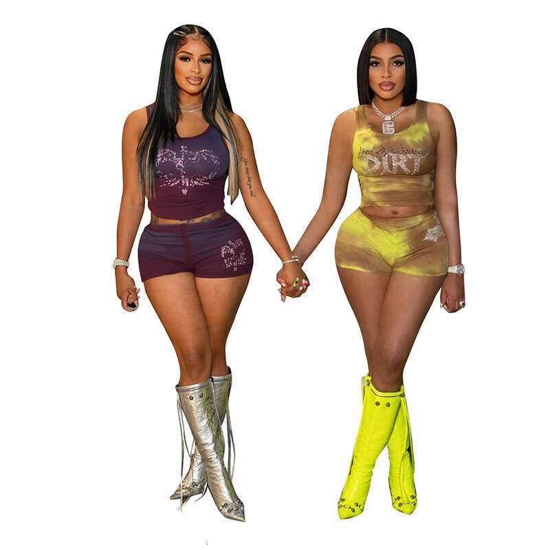 Sexy Hot Girl Mesh Butterfly Print Ruched Camisole Waist Slimming Tank Top Shorts Set B5