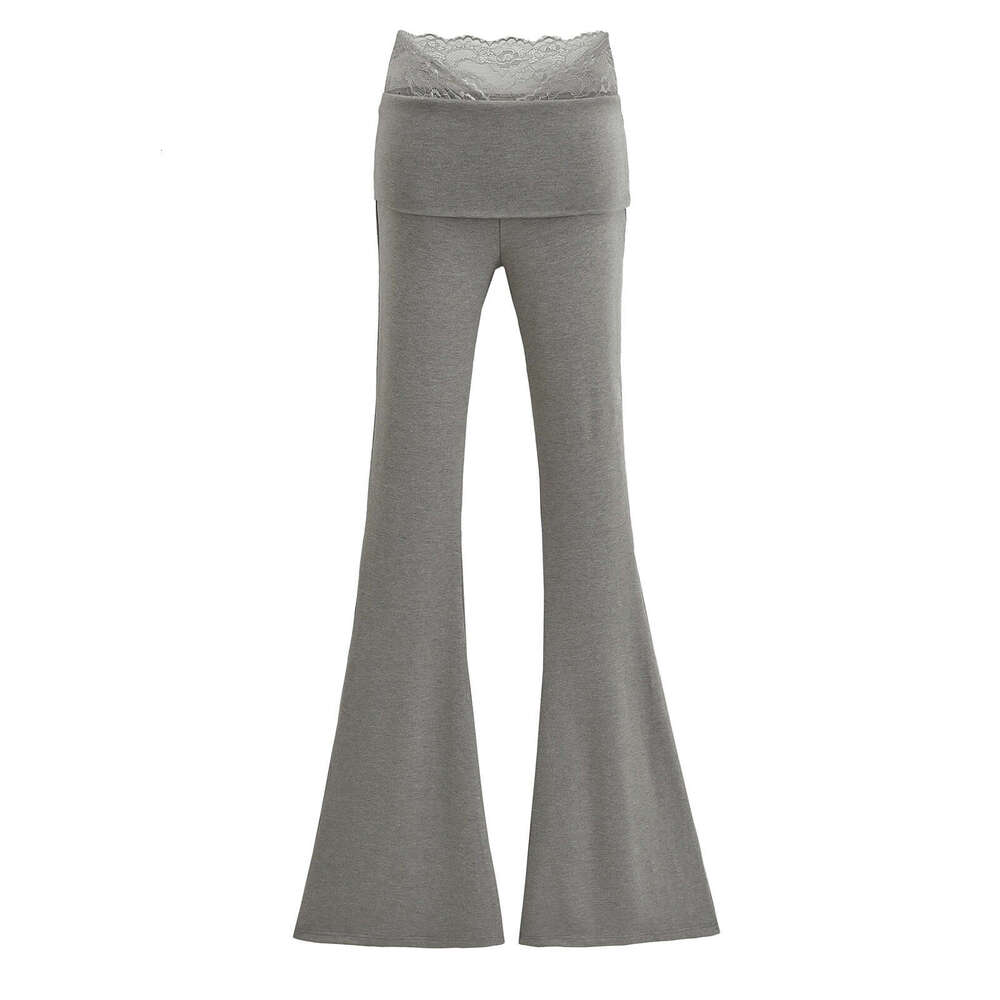 V-Waist Lace Patchwork Slim Fit Bodycon Draped Flared For Women Summer Stretchy Tight High Waist Slimming Casual Long Pants B5