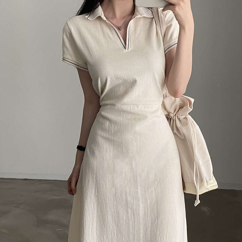 Women's Summer Dress French Style Korean Version Polo Collar Block Trim Waist Slimming Short Sleeve Cotton Solid Color B5