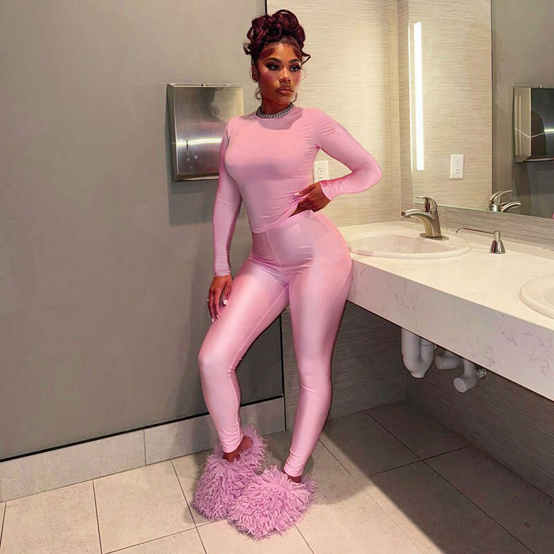 new Autumn Women's Round Neck Sleeve High Waist Slimming Long Pants Casual Set B5