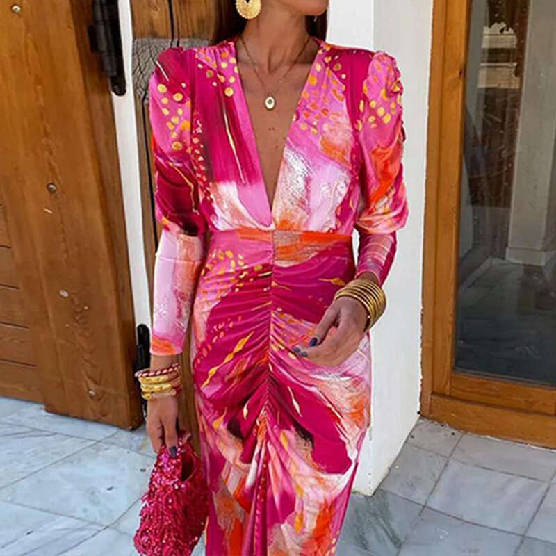 Za Women's Clothing Summer New French Print V-Neck Slim Fit Leg-Of-Mutton Sleeve Long Dress B5