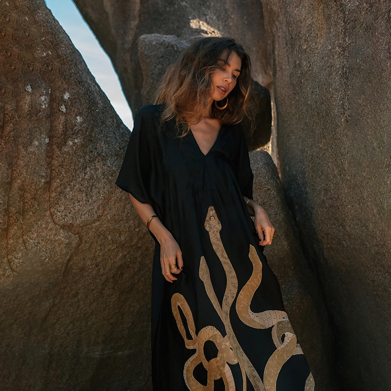 2025 Year of the Snake New Beach Dress for Women V-neck Pullover Bikini Cover-up Printed Sun Protection Clothing