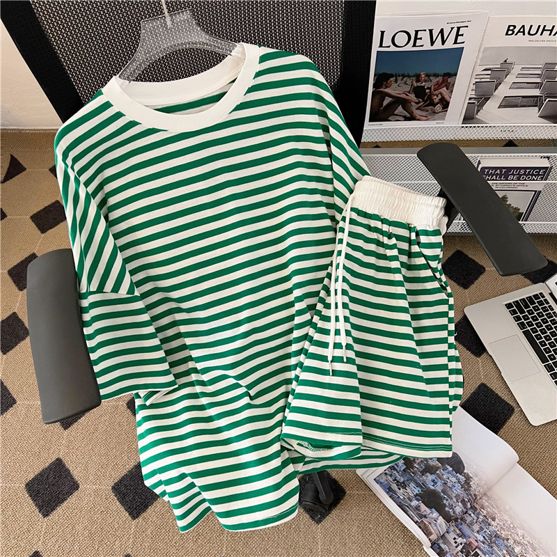 Women's Two-Piece Striped Casual Sportswear - Casual Student Wear for Her: Easy Fit Cotton Stripe Jumpsuit Style Outfit Featuring Comfortable Loo