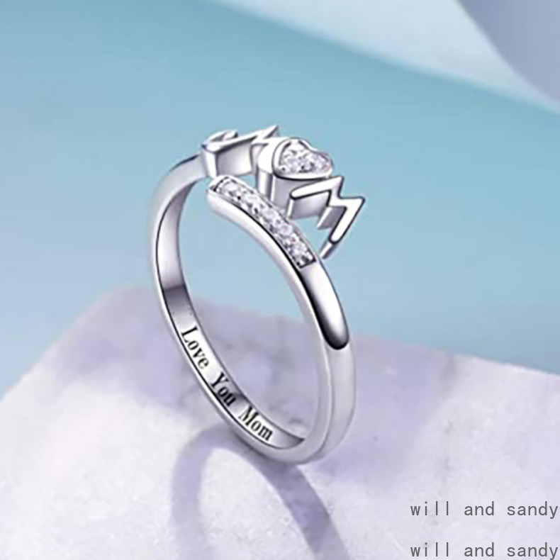 Love You Mom Ring Band Heart Love Diamond Rings sterling Silver Designer Jewelry Woman Mother Gift Adjustable Finger Tail Jewelry for wedding mother day biirthday