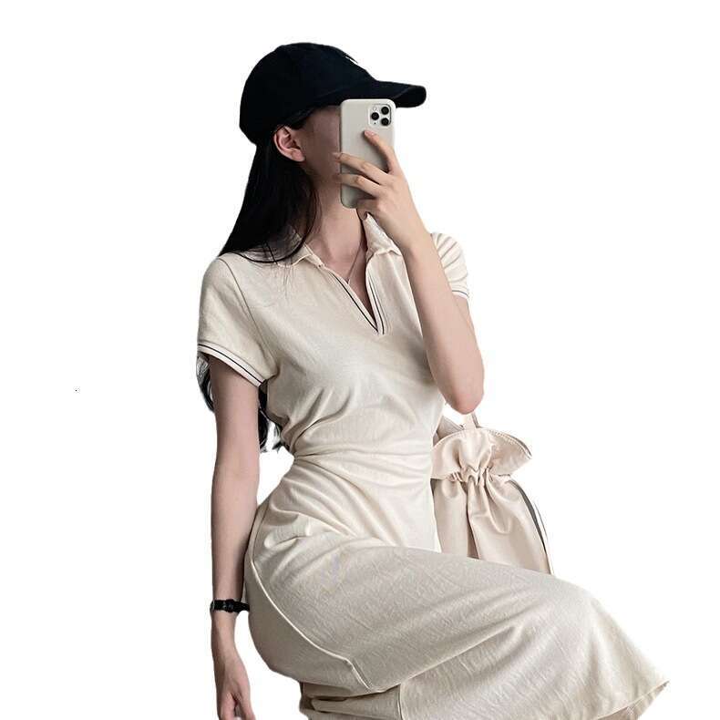 Women's Summer Dress French Style Korean Version Polo Collar Block Trim Waist Slimming Short Sleeve Cotton Solid Color B5