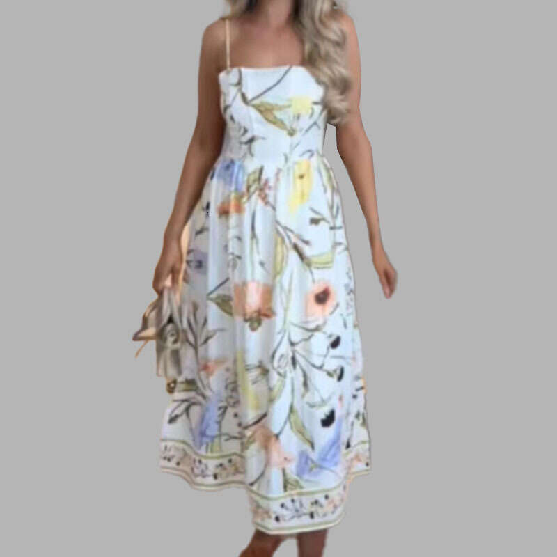 Spring New Vacation Style Fashion Printed Off-Shoulder Sleeveless Waist-Cinching Strap Dress B5