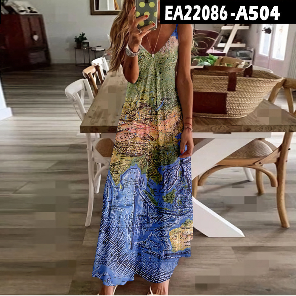 New Summer Map High Waist Slimming Dress Personality Series Strap Bodycon Dress 250121