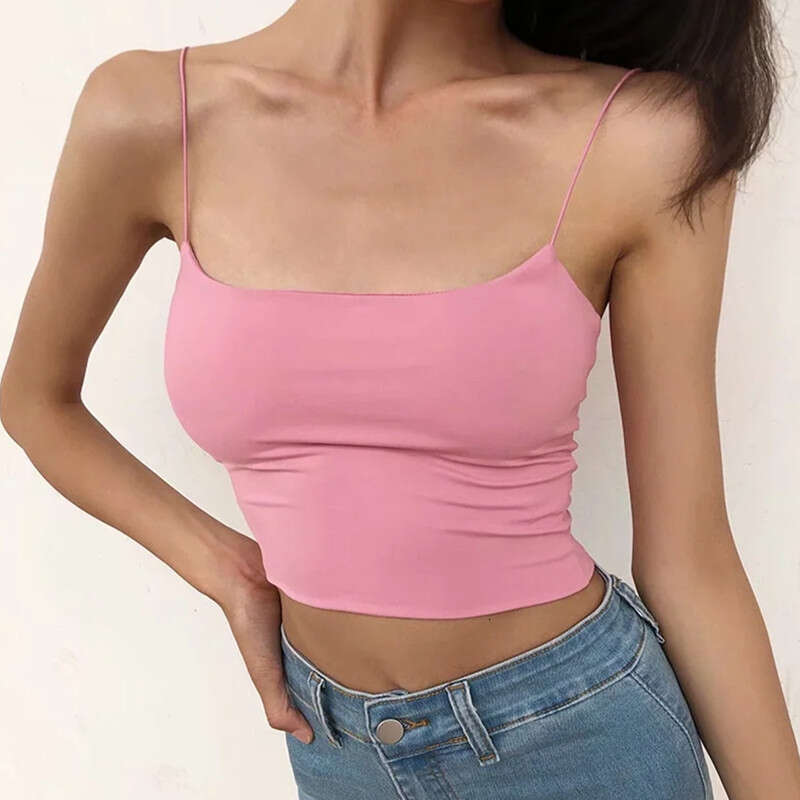Spring Summer New Solid Color Thin Elastic Strap Camisole For Women, Short Outerwear, Inner Wear, U-Neck Slim Fit Base Tank Top B5