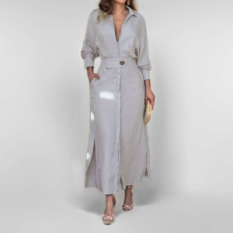 New Women's Fashion Elegant V-Neck Solid Color Button Waist-Cinching Long Sleeve Irregular Shirt Dress B5