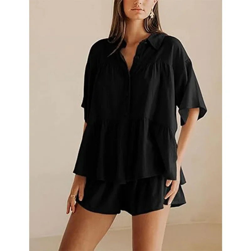 Womens Summer Shirt and High Waist Shorts Set Polyester Fiber Skirt Ensemble TwoPiece Suit from Mainland China 250709