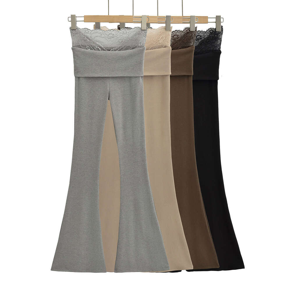 V-Waist Lace Patchwork Slim Fit Bodycon Draped Flared For Women Summer Stretchy Tight High Waist Slimming Casual Long Pants B5