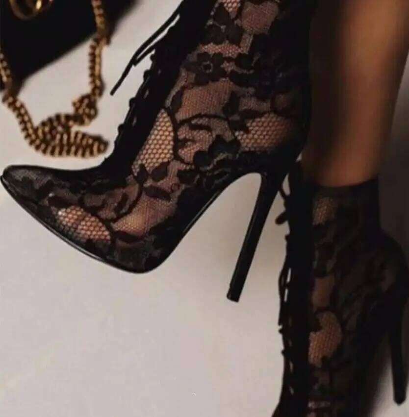 2025 New Black Mature Mesh Women Boots Heel Pumps Floral Lace-Up Thin High Heels Ankle Pointed Toed Party Wedding Shoes