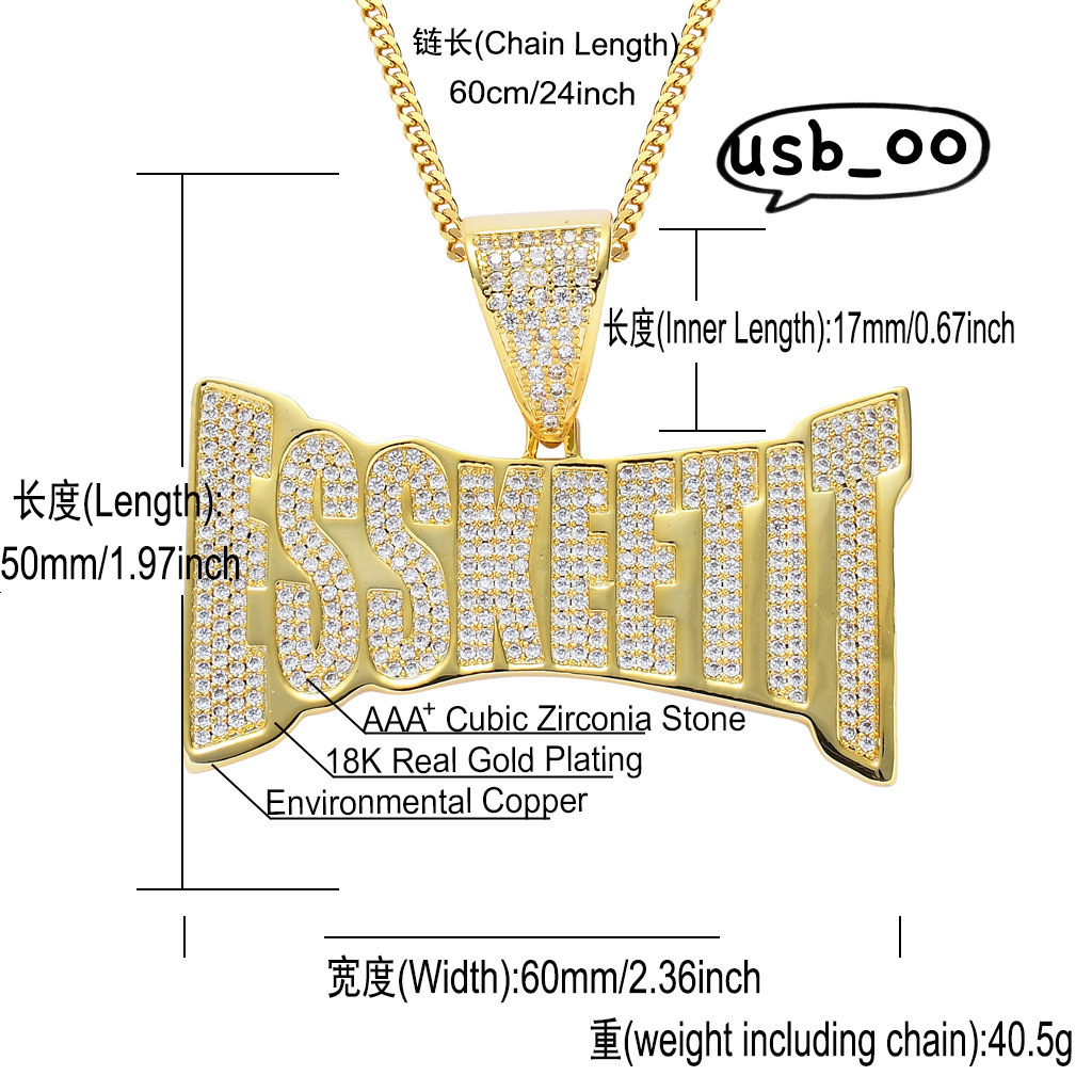 Pendant ESSKEETIT Name Punk Mens Real Gold Plated Hip Hop Style Cuban Chain with Cubic Moissanite Iced Necklace Mainly Made of Brass