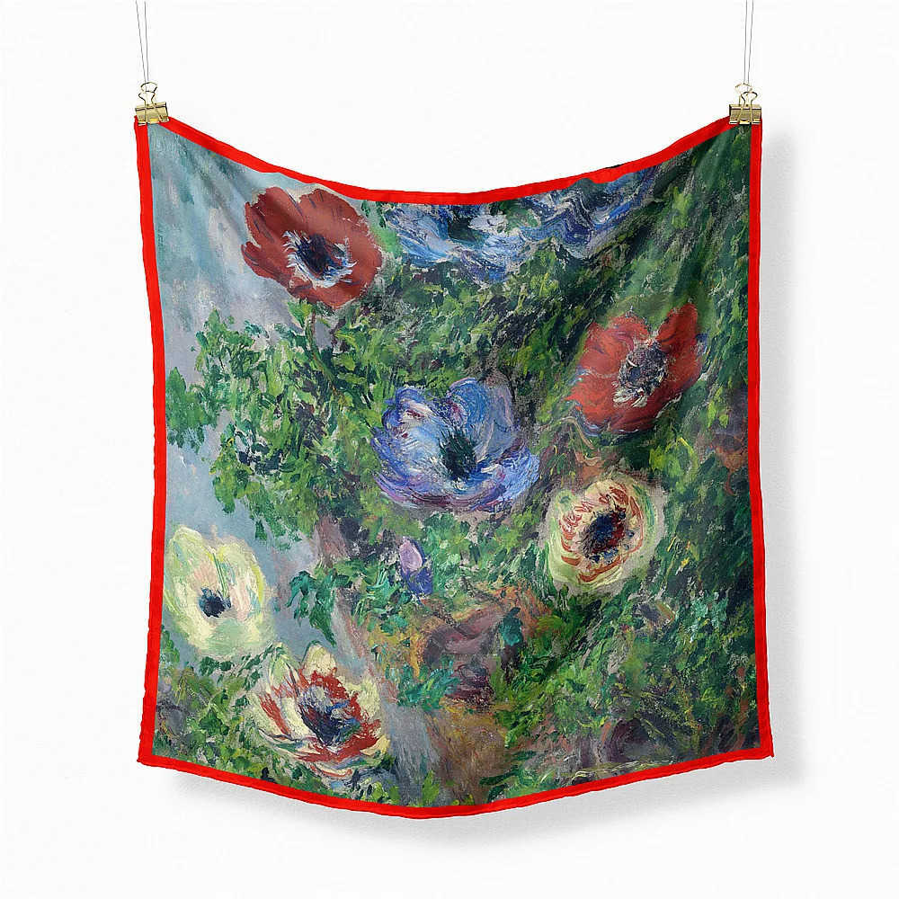 Monet Oil Painting Anemone Twill Silk Scarf Fashion Bandana Women Scarf Wraps 53cm Square Scarves Hijab Scarf Neckerchief M250709