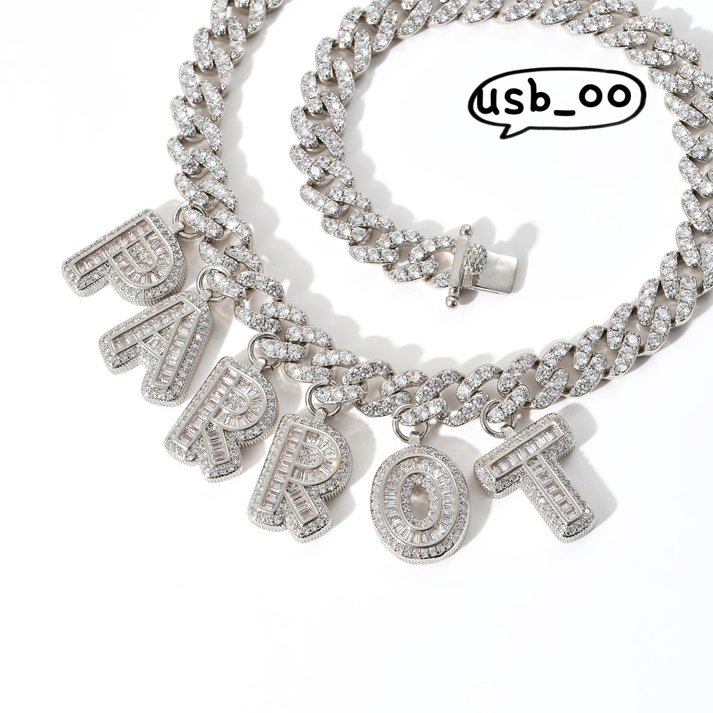 Pendant Icy Name Custom Letter Necklace Personalized 14k Gold Plated Baguette Moissanite Initial 9mm Miami Cuban Link Chain for Men