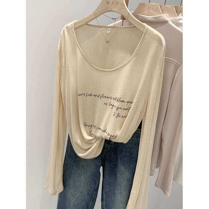 Women's Summer Letter Print Loose Semi-Sheer Top Large Neck Sun Protection Air Conditioning Cover-Up Long Sleeve Cool T-Shirt B5